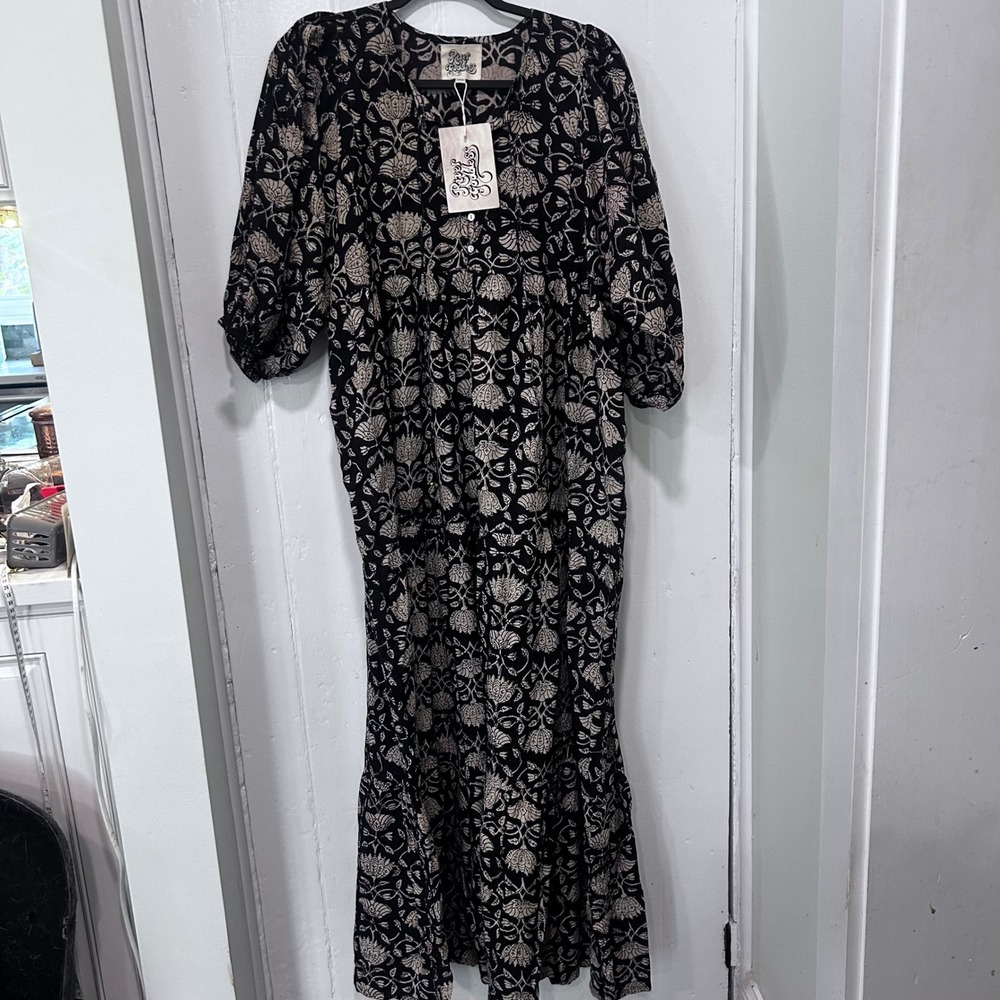 River Goddess Floral Block Print Maxi Dress Black Beige XS/S Boho Artisan New